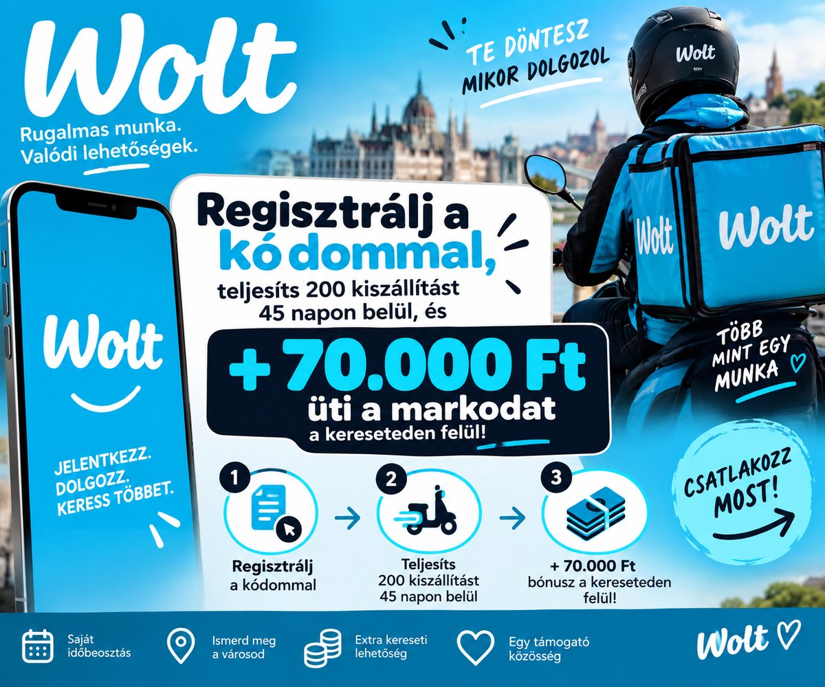Wolt futár ajánlói kód akció: regisztrálj a CPUCCKRTF ajánlói kóddal, teljesíts 200 kiszállítást 45 nap alatt Budapesten, és 70 000 Ft bónuszt kapsz